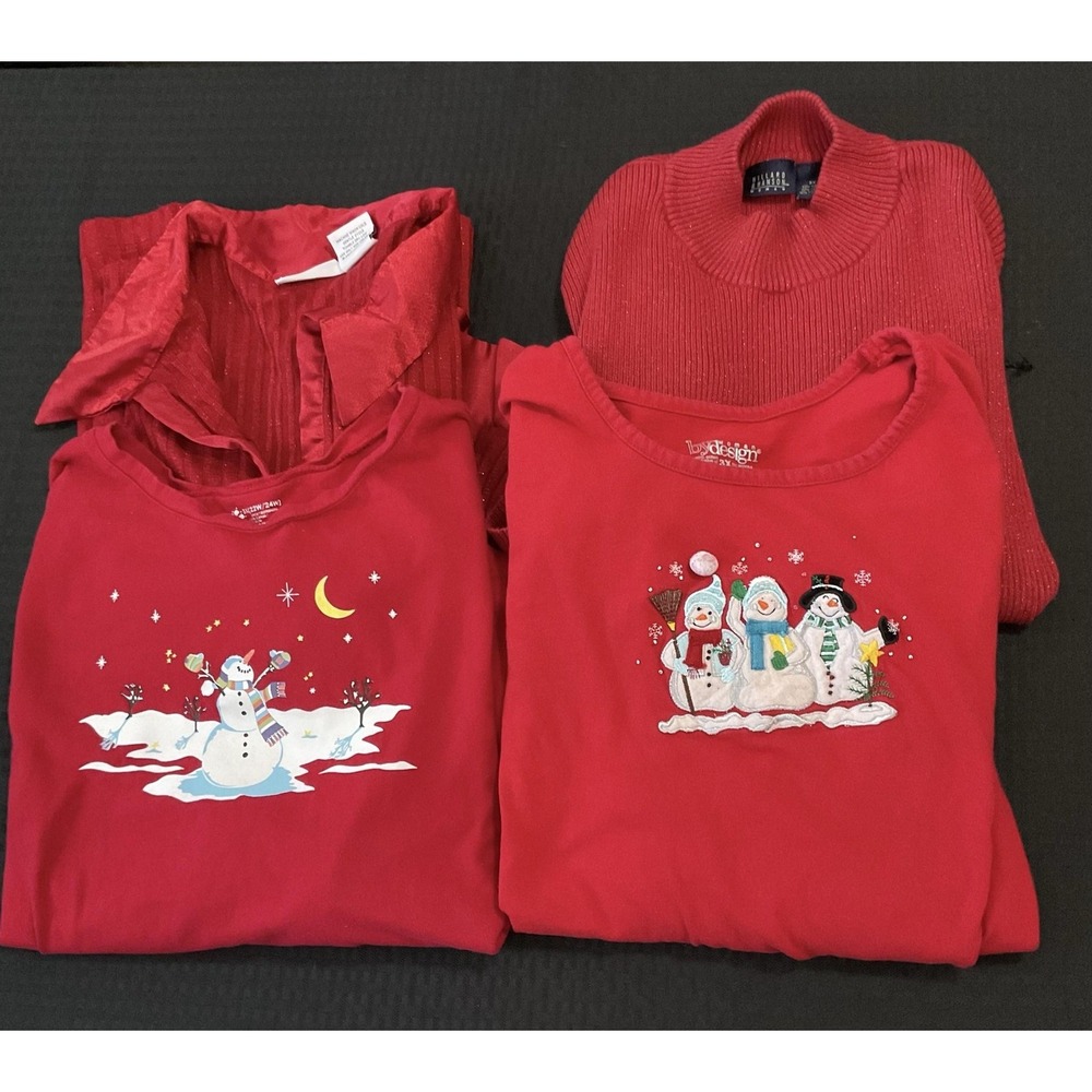Womens 3X Lot Of 4 Red Snowman Long Sleeve Christmas Graphic Tops Red Sweaters